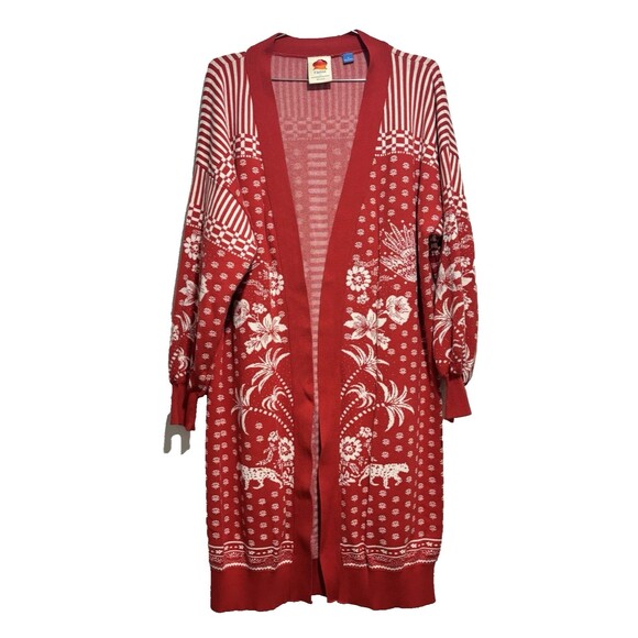 Farm Rio Anthropologie Red Tropical Cardigan Flowers MEDIUM 100% ORGANIC Cotton - Picture 4 of 11